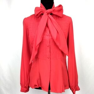 Vintage ADOLFO 100% Silk Cherry Red Tie Neck Long Sleeve Blouse Size Small